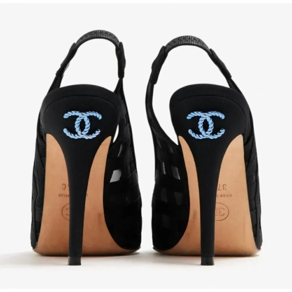 CHANEL Black Diamond Pattern Mesh CC Logo Cap Toe Slingback Sandals Size…